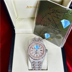 Moissanite Swiss Movement Watch Passes Diamond Test Royal Oak W/ Box and Papers
